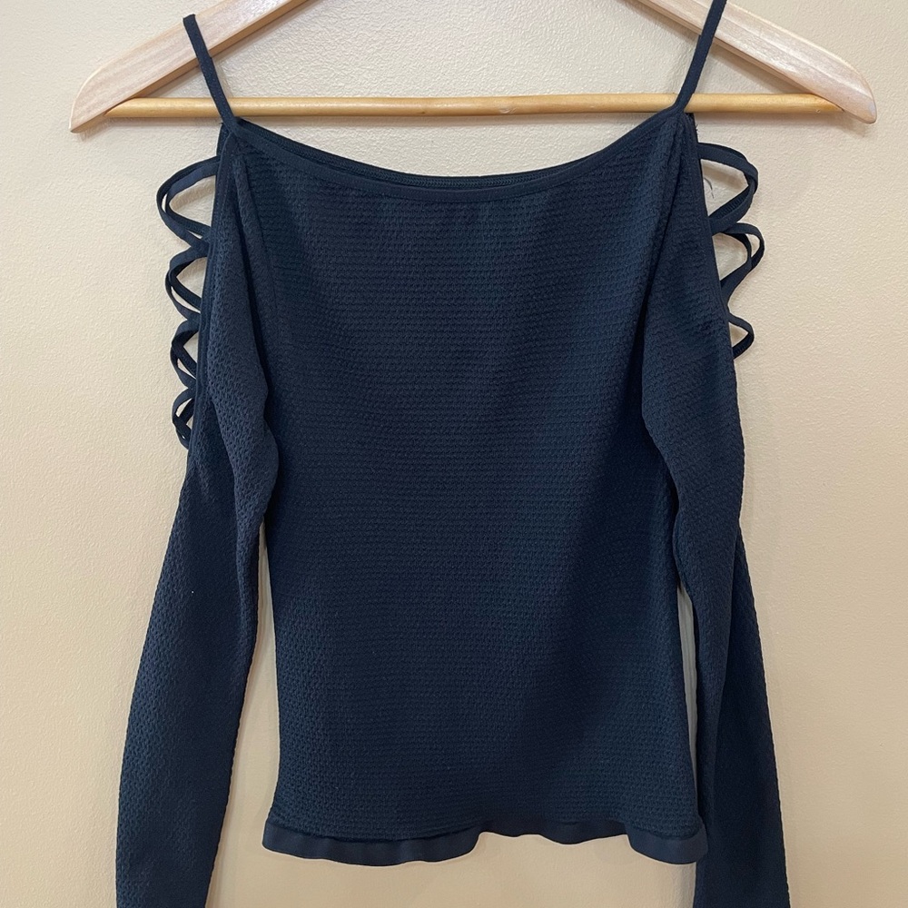 Free People Intimately Black Strappy Cold Shoulder Long Sleeve Top M/L
